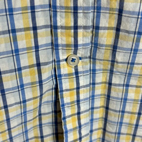 IZOD Shirt Men's Size LG Blue Yellow White Plaid Button Down Short Sleeve Pocket - Picture 9 of 11